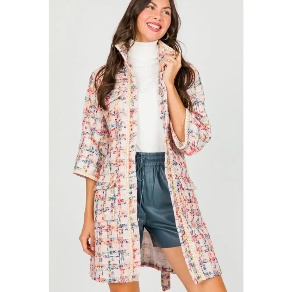 Easel Tweed Belted Shirt Dress/Coat, Teal Blush - Picture 6 of 11